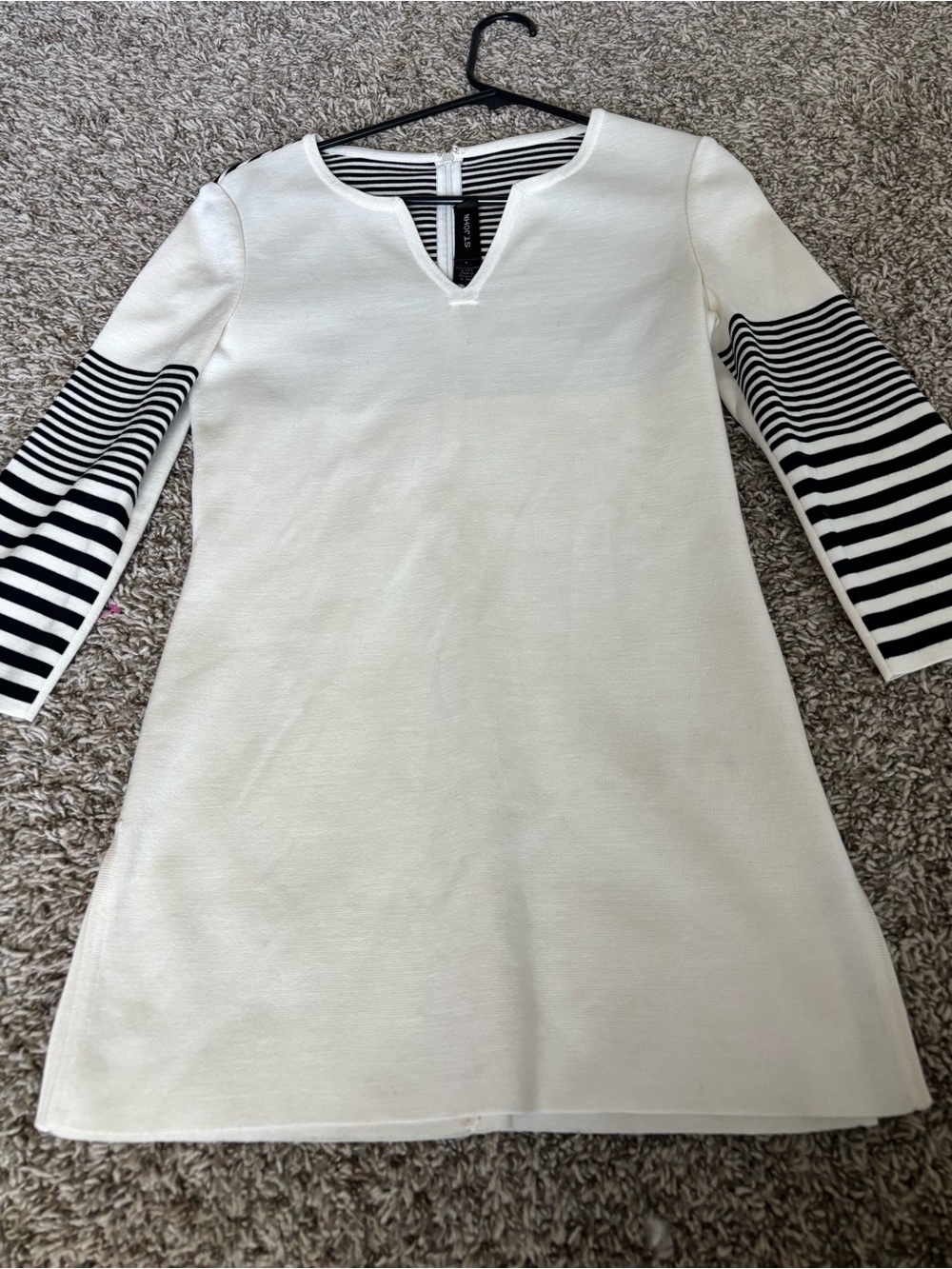 St. John White Knit Dress with Black Striped Sleeves wool blend S